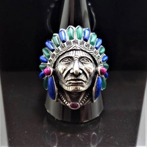 American Indian Sterling Silver 925 Ring Chief Warrior Natural Lapis Lazuli & Green Agate Grand Cherokee Spirit Amulet Talisman