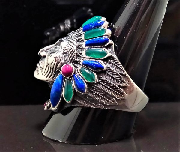 American Indian Sterling Silver 925 Ring Chief Warrior Natural Lapis Lazuli & Green Agate Grand Cherokee Spirit Amulet Talisman