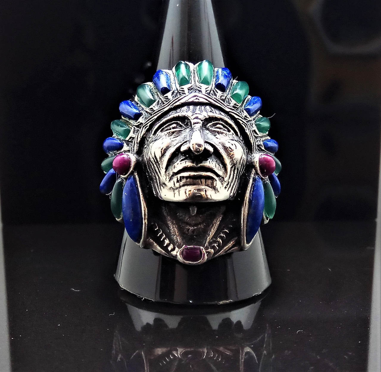 Skull Tribal Chief Warrior Sterling Silver 925 Ring Grand Cherokee Amethyst 