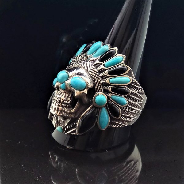 Tribal Chief SKULL Sterling Silver 925 Ring American Indian Warrior Natural Genuine TURQUOISE & Black Onyx Spirit Amulet Talisman
