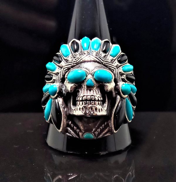 Tribal Chief SKULL Sterling Silver 925 Ring American Indian Warrior Natural Genuine TURQUOISE & Black Onyx Spirit Amulet Talisman