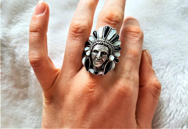 American Indian Chief Warrior Sterling Silver 925 Natural Mother of Pearl & Black Onyx Ring Spirit Amulet Talisman Heavy 20 grams