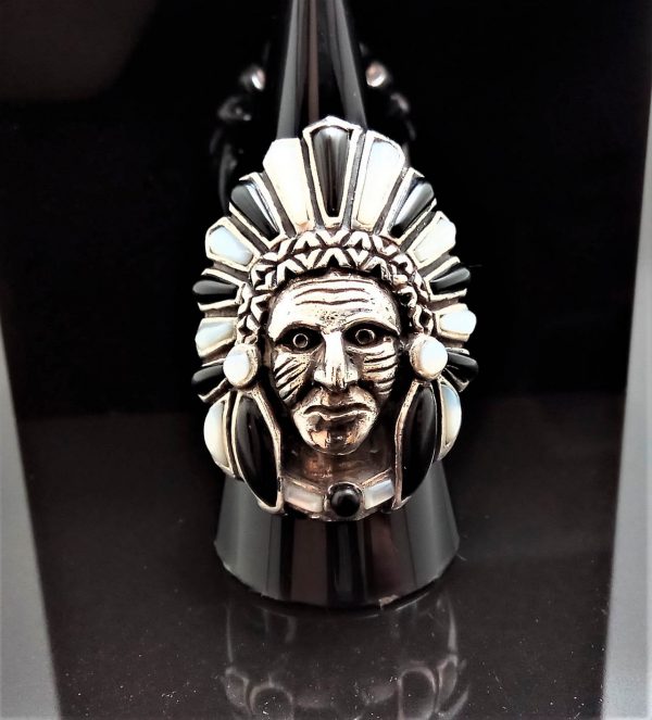 American Indian Chief Warrior Sterling Silver 925 Natural Mother of Pearl & Black Onyx Ring Spirit Amulet Talisman Heavy 20 grams