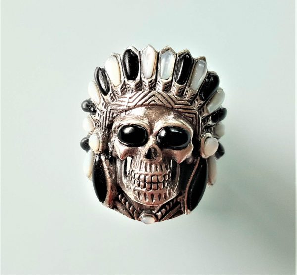 Skull American Indian Chief Warrior Natural Mother of Pearl & Black Onyx Ring Spirit Amulet Talisman