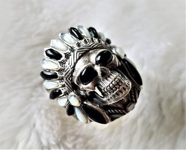 Skull American Indian Chief Warrior Natural Mother of Pearl & Black Onyx Ring Spirit Amulet Talisman