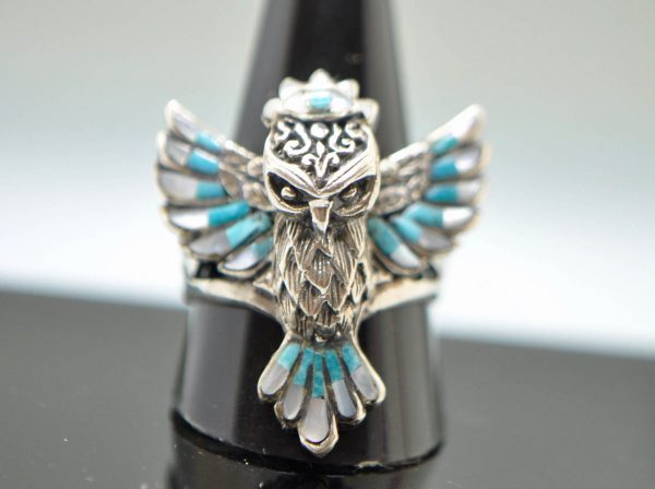 Owl Ring STERLING SILVER 925 Natural Turquoise, Mother of Pearl Wise Owl