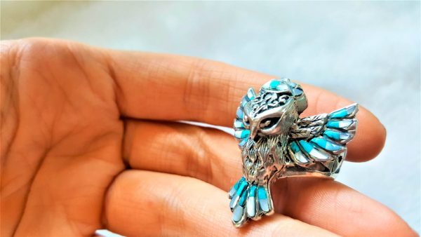 Owl Ring STERLING SILVER 925 Natural Turquoise, Mother of Pearl Wise Owl