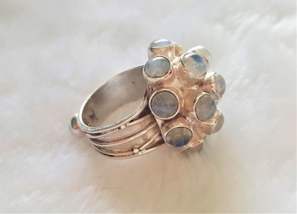 Genuine Moonstone Sterling Silver 925 Ring Cabochon Cut Gemstones NEW design Exclusive Gift Sea Mine Huge Cocktail Ring Size 6.75