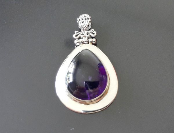 AMETHYST Pendant 925 Sterling Silver Genuine Gemstone CABOSHON Handmade Pear Shape Natural Gemstone Talisman Amulet 12.7 grams