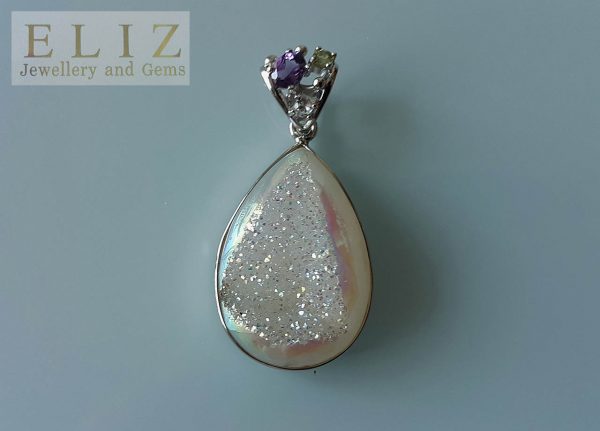 Natural Druzy Quartz Geode Sterling Silver 925 Pendant with Gemstones Amethyst Blue Topaz Peridot Unique Handmade design