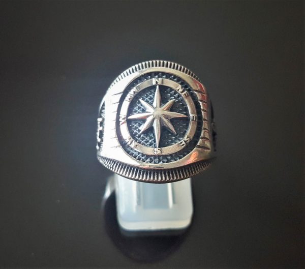 Compass Ring 925 STERLING SILVER Nautical Sun Dial Compass Wheel & Anchor North/South East/West Moon Punk Goth Biker Rocker