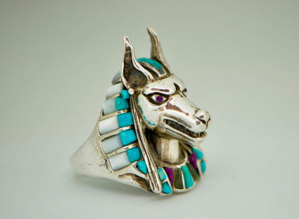 Anubis Ring 925 Sterling Silver Natural Turquoise Amethyst Mother of Pearl Egyptian God Anabis Exclusive Handmade Design