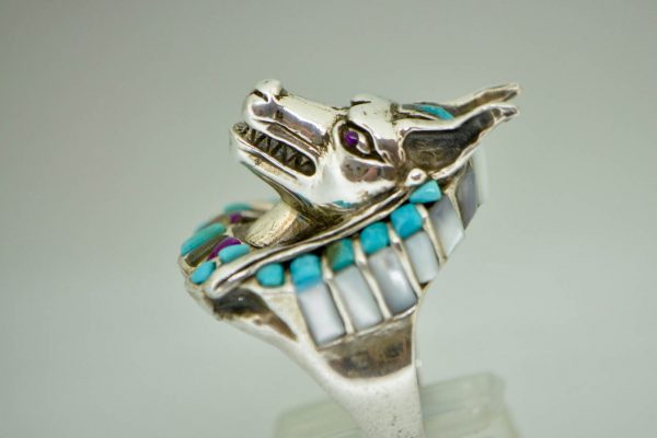 Anubis Ring 925 Sterling Silver Natural Turquoise Amethyst Mother of Pearl Egyptian God Anabis Exclusive Handmade Design