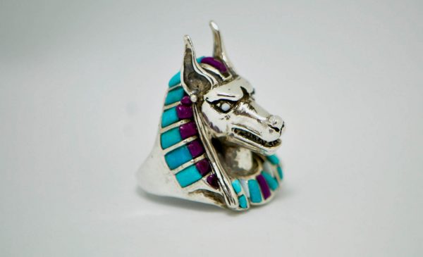 ANUBIS Ring Sterling Silver Egyptian God Anabis Natural Amethyst Turquoise Mother of Pearl Handmade Exclusive Design