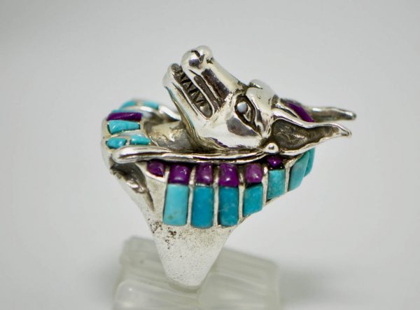 ANUBIS Ring Sterling Silver Egyptian God Anabis Natural Amethyst Turquoise Mother of Pearl Handmade Exclusive Design