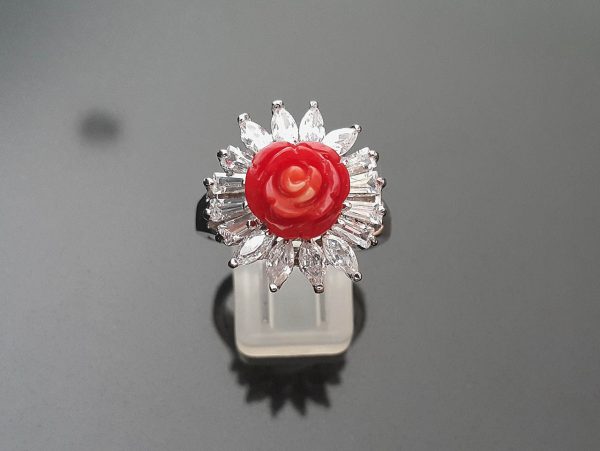 Coral Ring Sterling Silver Genuine Coral Rose w Cubic Zirconia Exclusive Design SZ 8.5