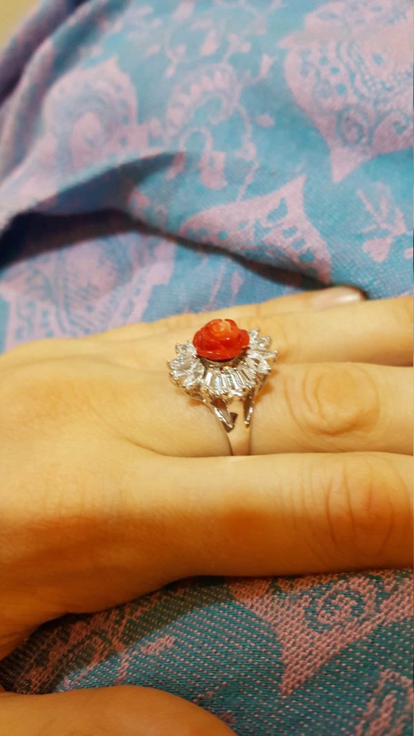 Coral Ring Sterling Silver Genuine Coral Rose w Cubic Zirconia Exclusive Design SZ 8.5