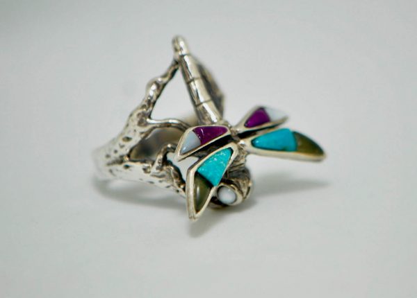Dragon Fly 925 Sterling Silver Natural Turquoise Hawolite and Mother of Pearl Ring Handmade Exclusive Design Gift
