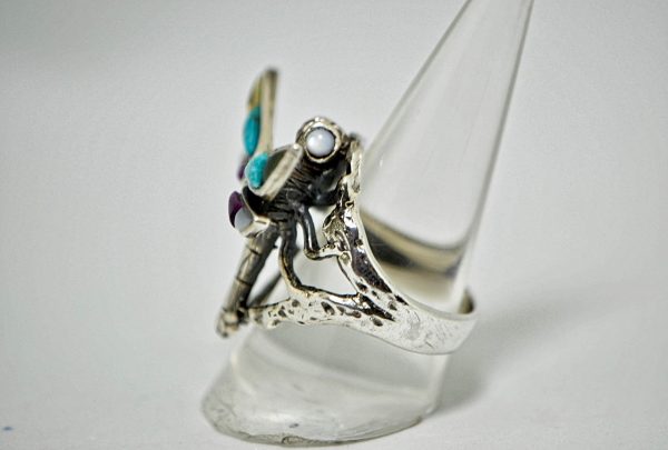 Dragon Fly 925 Sterling Silver Natural Turquoise Hawolite and Mother of Pearl Ring Handmade Exclusive Design Gift