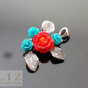 Rose Pendant 925 Sterling Silver Bouquet of Genuine Red Carved CORAL and TURQUOISE Roses Exclusive Design