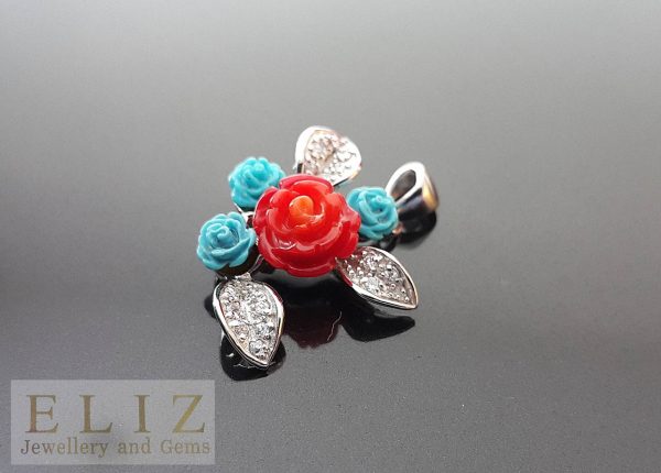 Rose Pendant 925 Sterling Silver Bouquet of Genuine Red Carved CORAL and TURQUOISE Roses Exclusive Design
