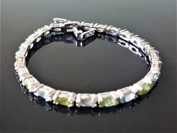 Tennise Bracelet 925 Sterling Silver Genuine Peridot & Blue Topaz Marquise Shape 7.5 inches