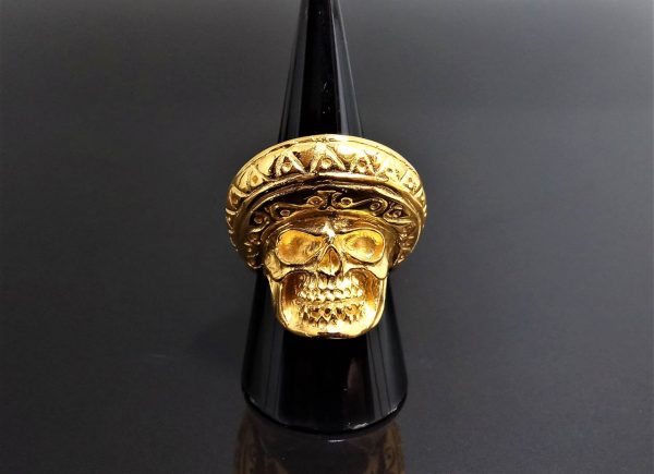 Mexican Sombrero Skull 925 Sterling Silver Goth Punk Rock Biker Gold Plating 27 grams
