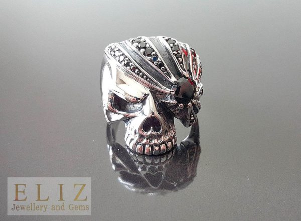 Skull Ring 925 Sterling Silver Iced Eye Stripes Pirate Skull Punk Goth Biker Rocker Ring