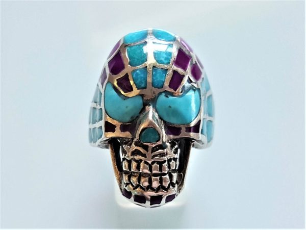 Spider Man Skull Ring 925 Sterling Silver Natural Turquoise, Purple Howlite Inlay