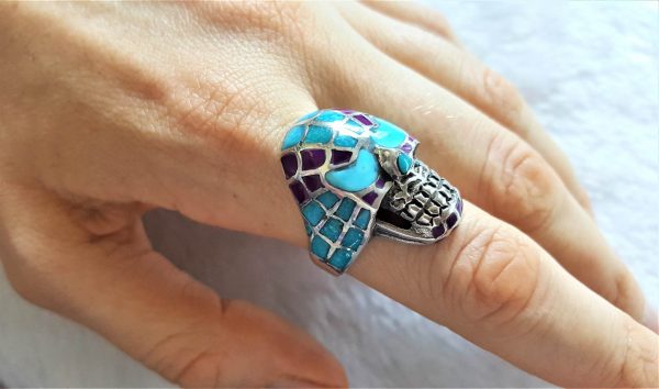 Spider Man Skull Ring 925 Sterling Silver Natural Turquoise, Purple Howlite Inlay