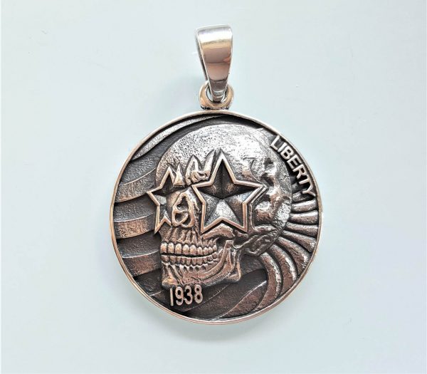 Skull Pendnat STERLING SILVER 925 Liberty Coin 1938 Biker Rocker Exclusive Design Heavy 19 grams