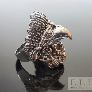 Skull Indian Tribal Chief Ring Sterling Silver 925 American Indian Red Warrior Skull Ring Amulet Talisman