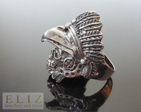 Skull Indian Tribal Chief Ring Sterling Silver 925 American Indian Red Warrior Skull Ring Amulet Talisman