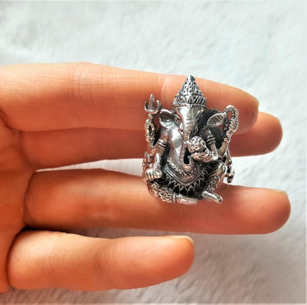 Ganesh Ring 925 Sterling Silver Great Ganesha 4 Hands Lord of Success Wealth Wisdom Ohm Aum Talisman Amulet Good Luck Om Symbol Maruti Mouse