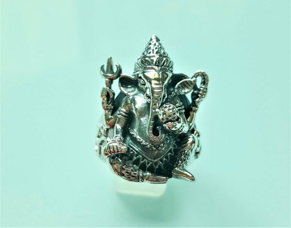 Ganesh Ring 925 Sterling Silver Great Ganesha 4 Hands Lord of Success Wealth Wisdom Ohm Aum Talisman Amulet Good Luck Om Symbol Maruti Mouse