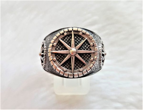 Nautical Compass 925 Sterling Silver Sun Dial North/South East/West Talisman Amulet Star Ring