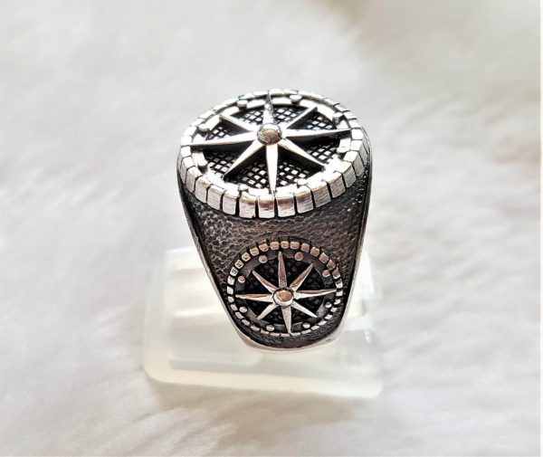 Nautical Compass 925 Sterling Silver Sun Dial North/South East/West Talisman Amulet Star Ring