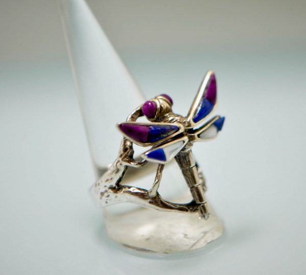 Dragon Fly Ring STERLING SILVER 925Natural Lapis, Purple Howlite, Mother of Pearl Dragon Fly Ring