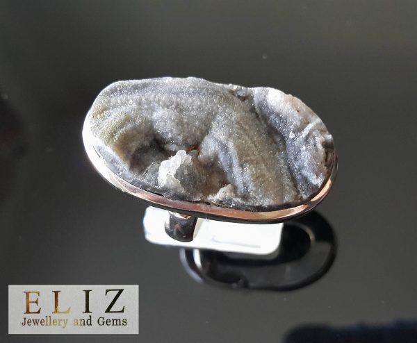 STERLING SILVER 925 Natural Druzy Rock Crystal Quartz Geode Ring