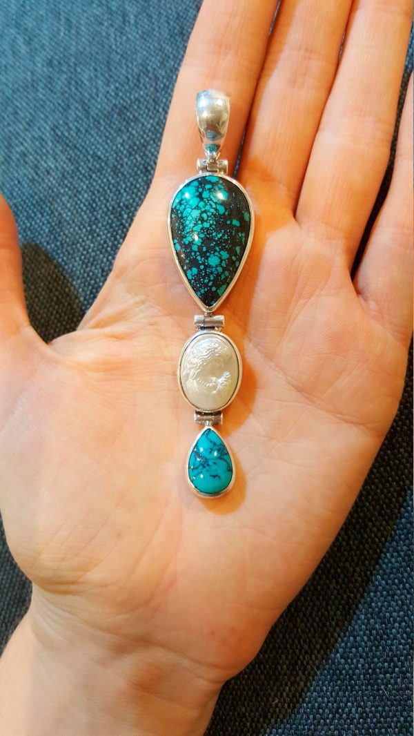 Cameo Mother of Pearl & Turquoise Pendant STERLING SILVER 925 Vintage Exclusive Gift Talisman Amulet