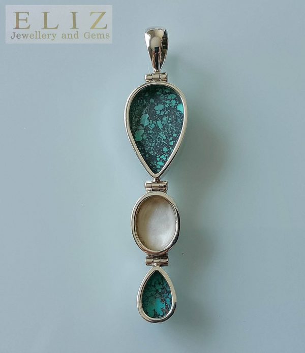 Cameo Mother of Pearl & Turquoise Pendant STERLING SILVER 925 Vintage Exclusive Gift Talisman Amulet