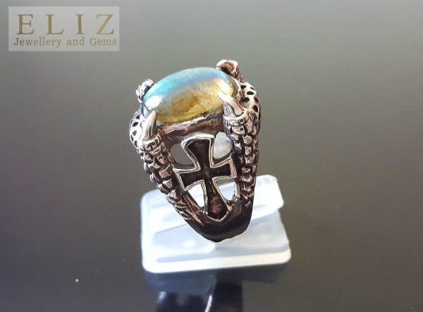 Labradorite Ring 925 Sterling Silver Claw Dragon Eye Ankh Cross Key of Life Skull Natural GemStone Gothic Biker Rock