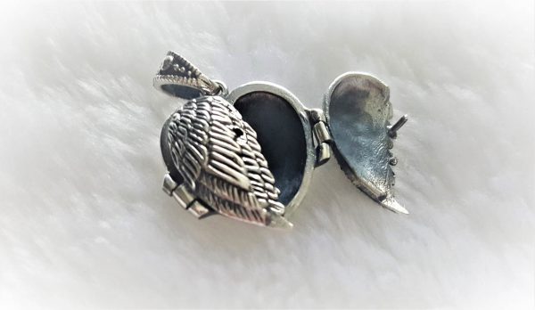 925 Sterling Silver Angel Wings Heart Locket Pendant Guardian Memorial Gift Talisman Protective Amulet
