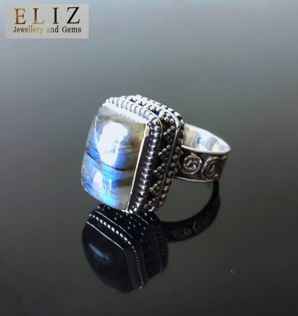 Natural LABRADORITE Ring Sterling Silver 925 Large Mysterious Gemstone Square Shape Talisman Amulet SZ 6.5