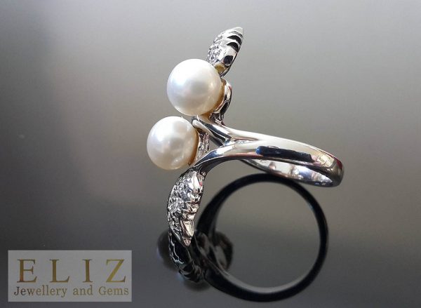 Sterling Silver 925 Ring Natural Freshwater White Pearl & Cubic Zicrconia Bridal/Wedding