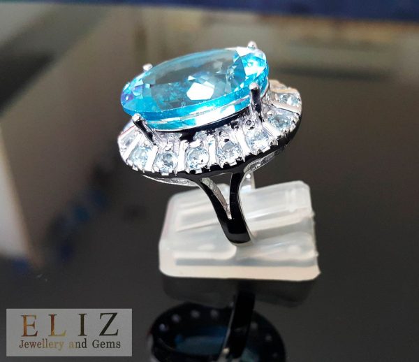 Genuine Blue Topaz Sterling Silver Ring Extremely RARE Large Size Natural Gemstone