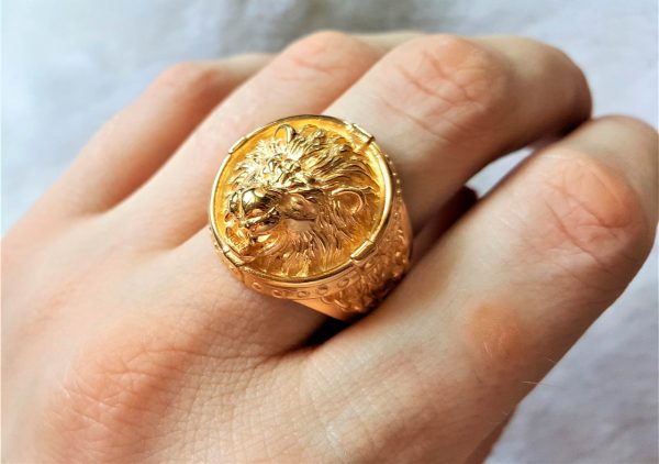 Lion Ring 925 STERLING SILVER Chained LION Head Royal Power Leo King Exclusive Gift Talisman 22K Gold Plated
