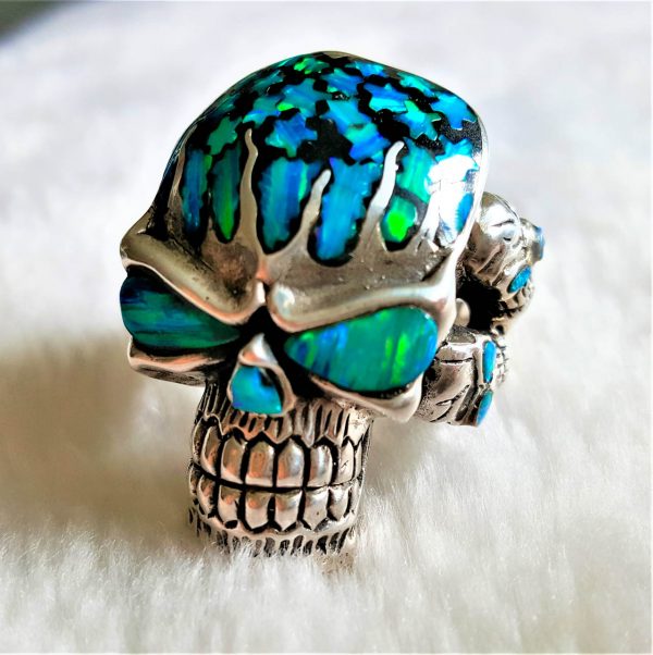 Skull Ring 925 Sterling Silver OPAL Biker Rock Punk Stunning Handmade Exclusive
