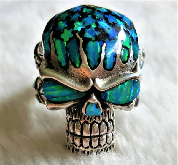 Skull Ring 925 Sterling Silver OPAL Biker Rock Punk Stunning Handmade Exclusive