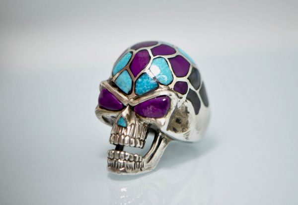 Skull Ring STERLING SILVER 925 Biker Rocker Goth Natural Turquoise, Purple Howlite Natural Gesmtones Unique Exclusive Handmade Design